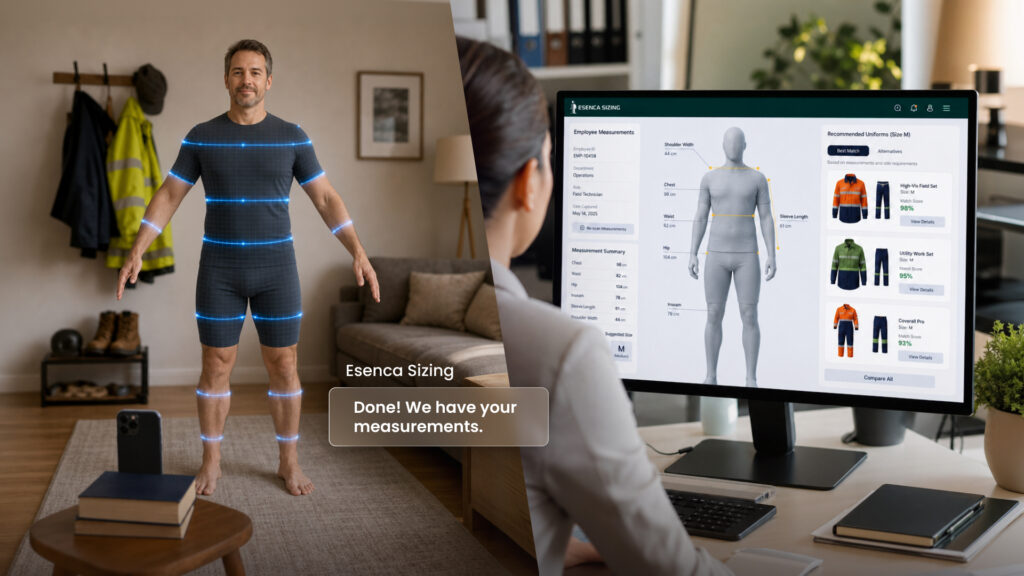 Un employé remplit à distance un questionnaire de taille de vêtements de travail sur son smartphone